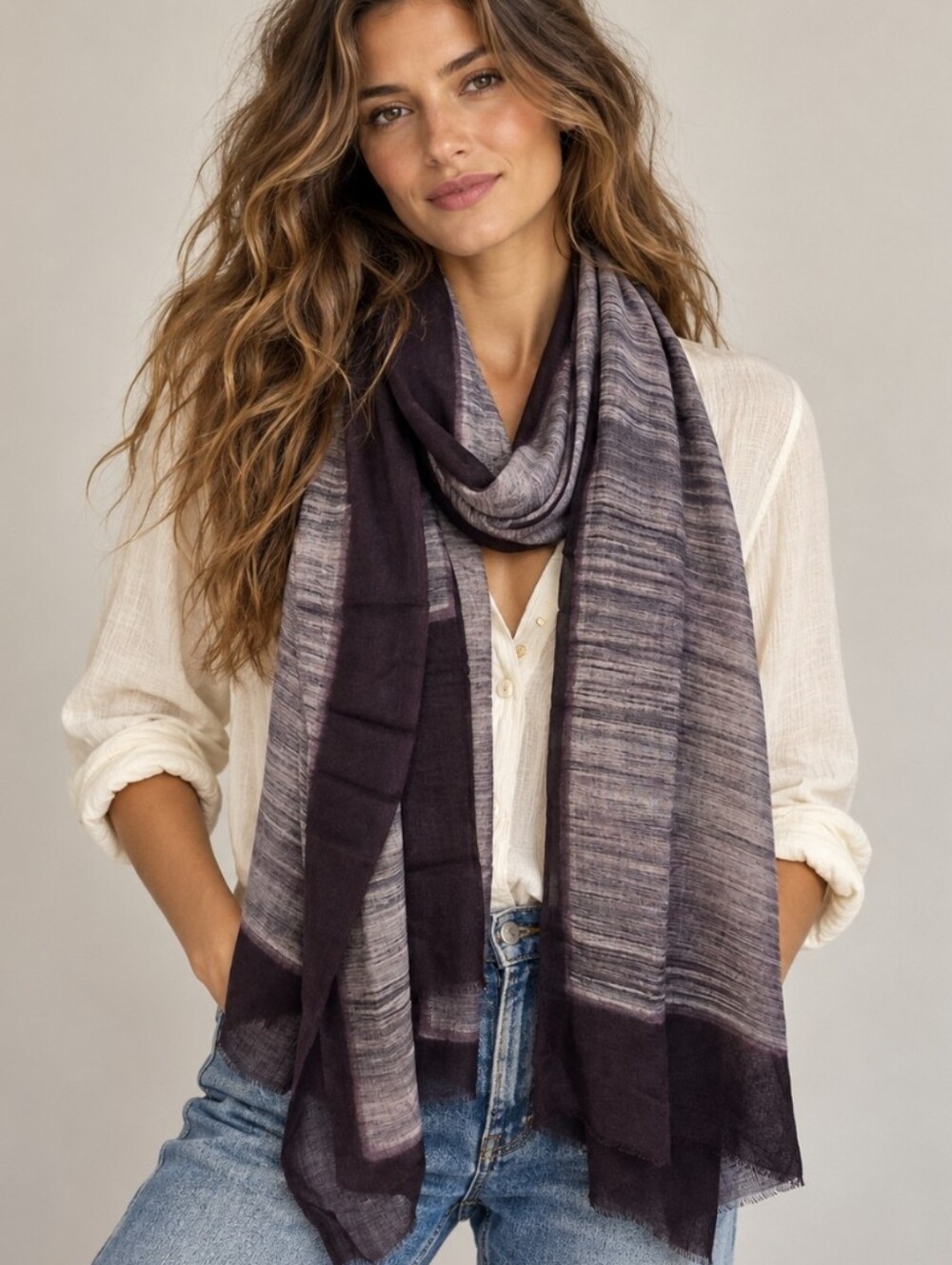 Banaris Scarf Purple Merino Wool/ Silk Blend Boho India Size 72 X 26